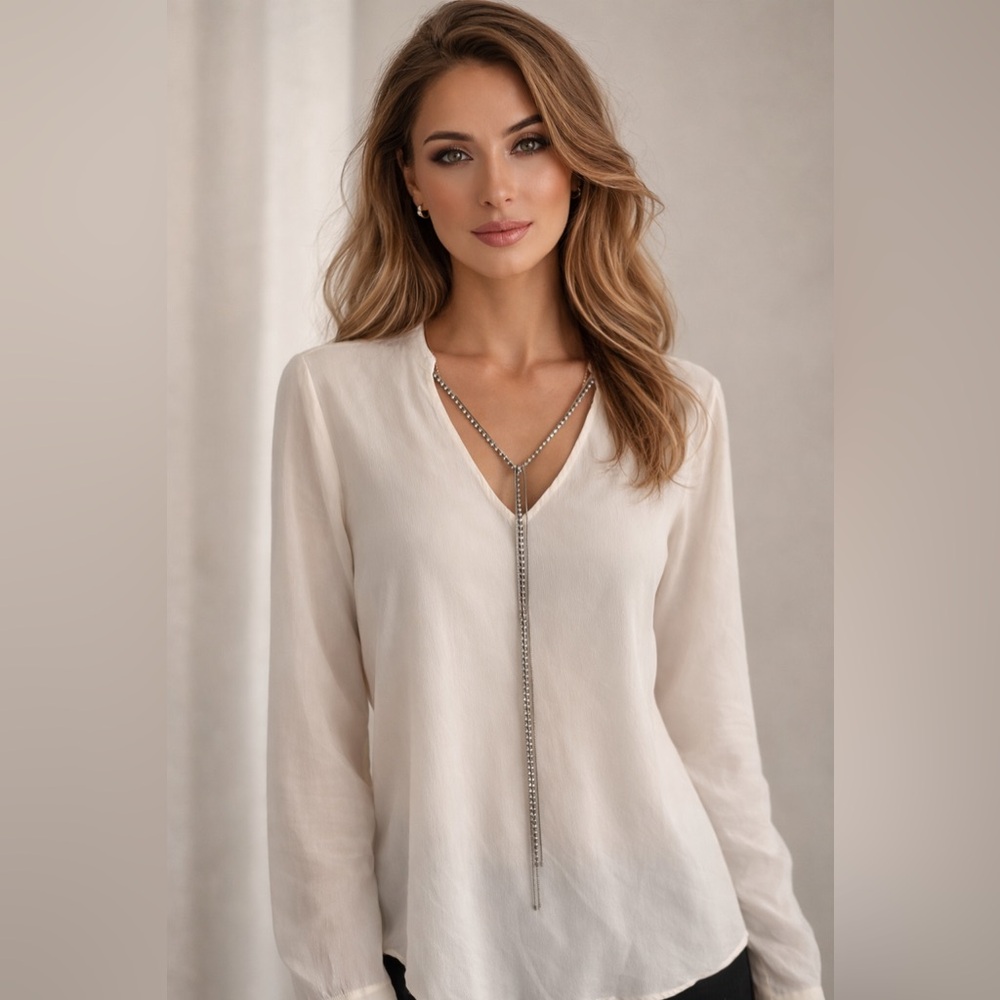 Ecru 100% Silk Ivory Rhinestones Chains V-Neck Top Blouse Size S/M(4)